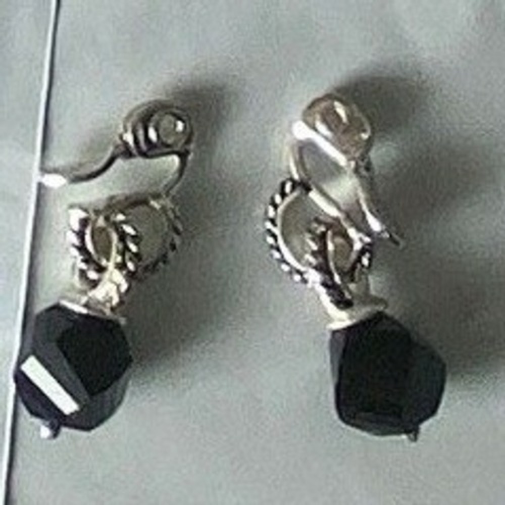 Black Faceted Gemstone Drop Earrings Silver Tone